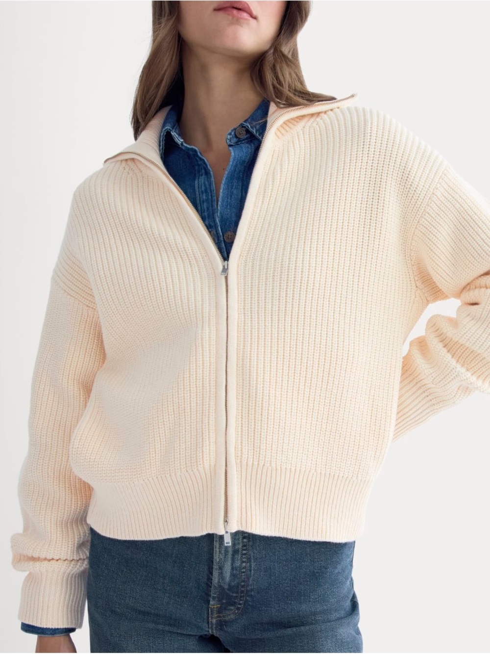 Everlane Everyday Knit Cotton Cream Zip-Up Ribbed Sweater - Picture 3 of 3